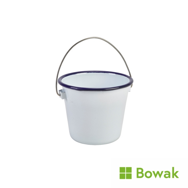 Enamel Bucket White with Blue Rim 10cm Dia Enamel Bucket White with Blue Rim 10cm Dia