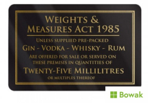 Weights & Measures Act 35ml 110 x 170mm Rigid Sign Black/Gold